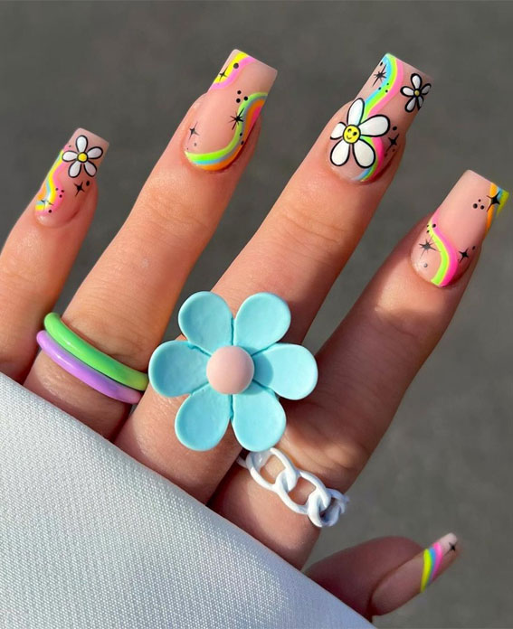 50+ Fresh Summer Nail Designs : Flower + Rainbow Swirls
