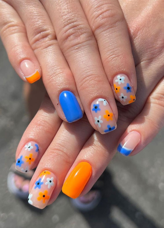 50+ Fresh Summer Nail Designs : Blue and Orange Nails