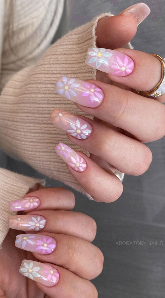 50+ Fresh Summer Nail Designs : Sheer Ombre Nails with Flower Accents