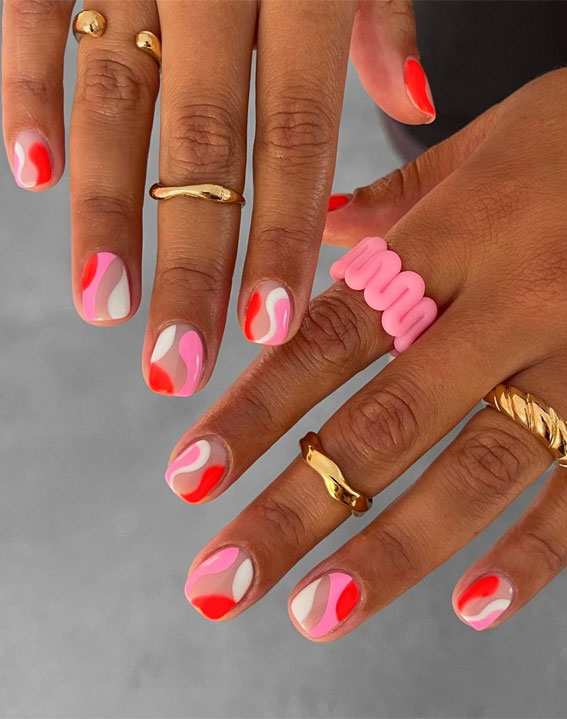 50+ Fresh Summer Nail Designs : Coral, Pink and White Short Nails
