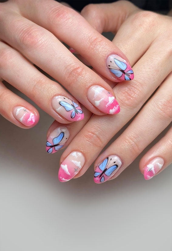 50+ Fresh Summer Nail Designs : Dreamy Pink Cloud + Butterfly Nails