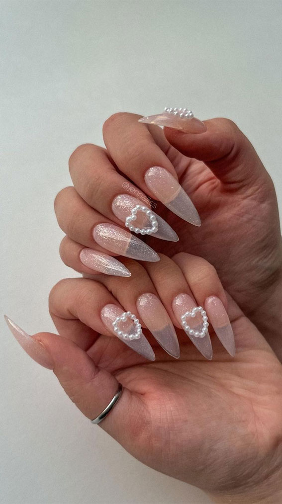 50+ Fresh Summer Nail Designs : Shimmery Clear Nails with Heart Charms
