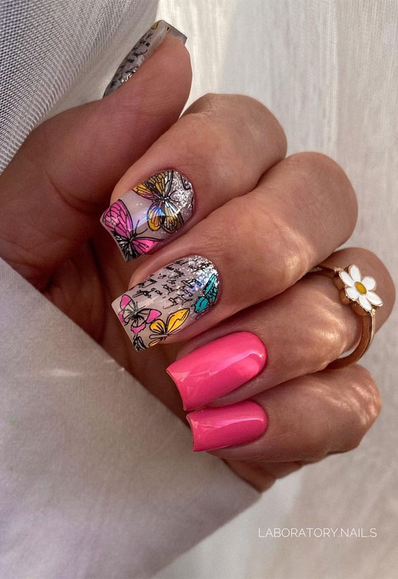 50+ Fresh Summer Nail Designs : Colourful Butterfly Pink Nails