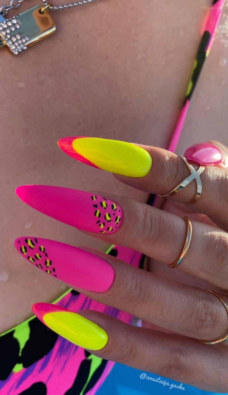 50+ Fresh Summer Nail Designs : Bright Pink & Yellow Neon Almond Nails