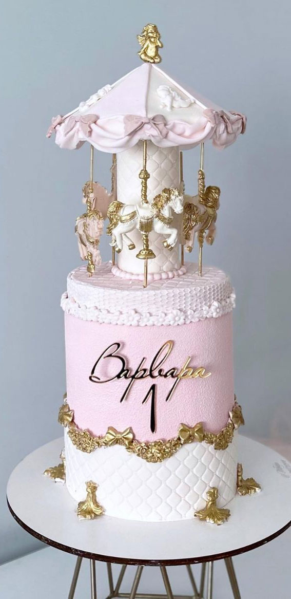 45 Cake Ideas to Remember for Baby’s First Milestone : Carousel Pink & Gold Cake