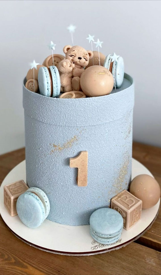 45 Cake Ideas to Remember for Baby’s First Milestone : Dusty Blue Cake with Building Blocks