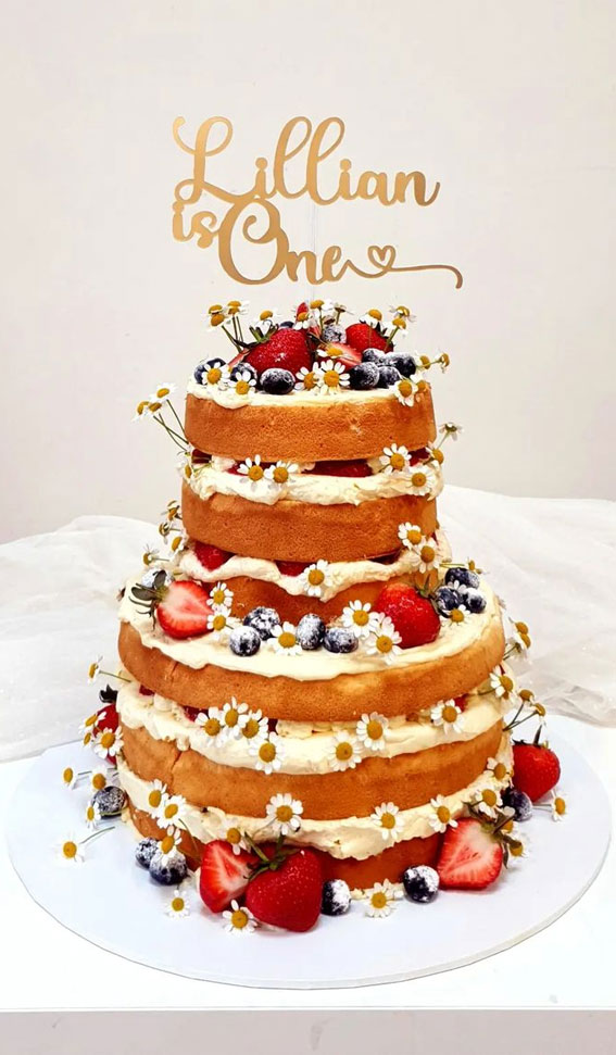 45 Cake Ideas to Remember for Baby’s First Milestone : Two-Tired Naked Rustic Cake