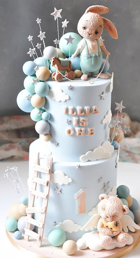 45 Cake Ideas to Remember for Baby’s First Milestone : Baby Blue Two-Tiers