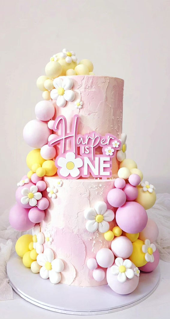 45 Cake Ideas to Remember for Baby’s First Milestone : Pink & Yellow Combo