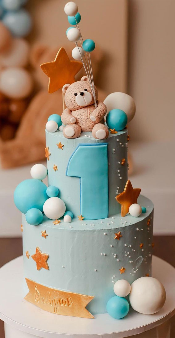 45 Cake Ideas to Remember for Baby’s First Milestone : Blue Two-Tiered Teddy Cake