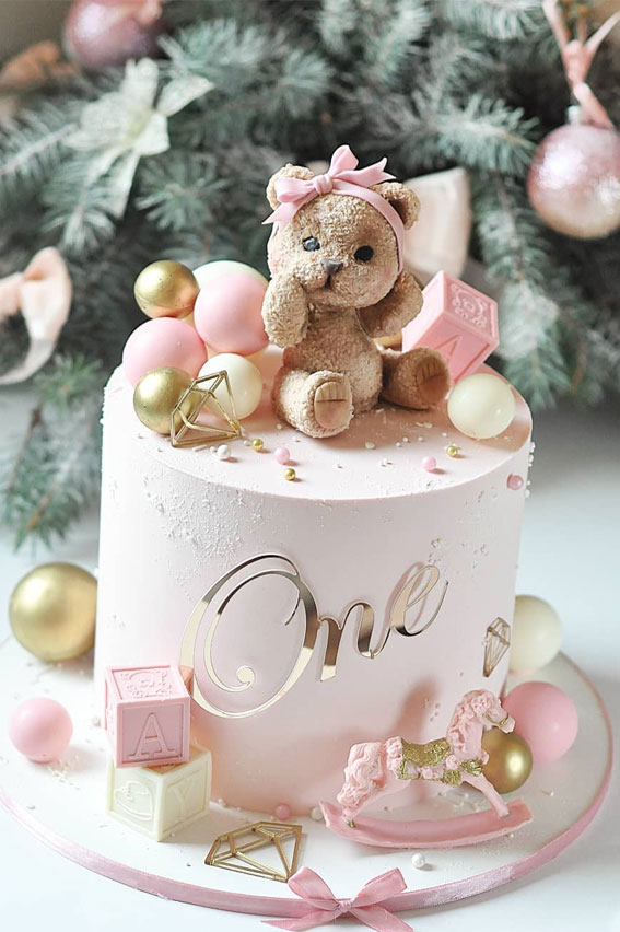 45 Cake Ideas to Remember for Baby’s First Milestone : Cake Topped with Pink Building Blocks