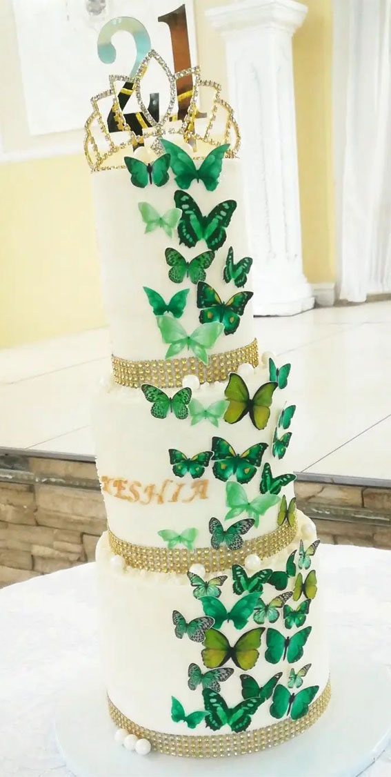 Celebrating 21 Years of Life with these Cake Ideas : Green Butterflies Cascading Three Tier Cake