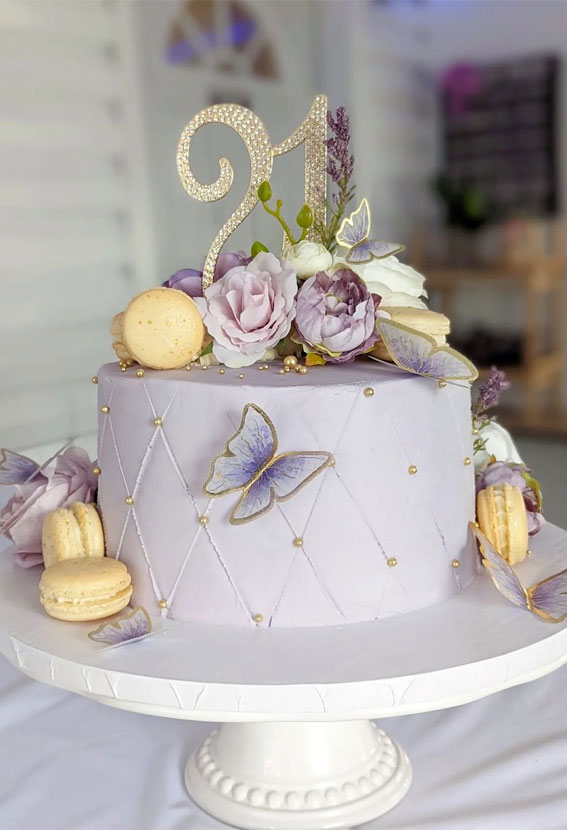 Celebrating 21 Years of Life with these Cake Ideas : Purple butterflies and Macarons