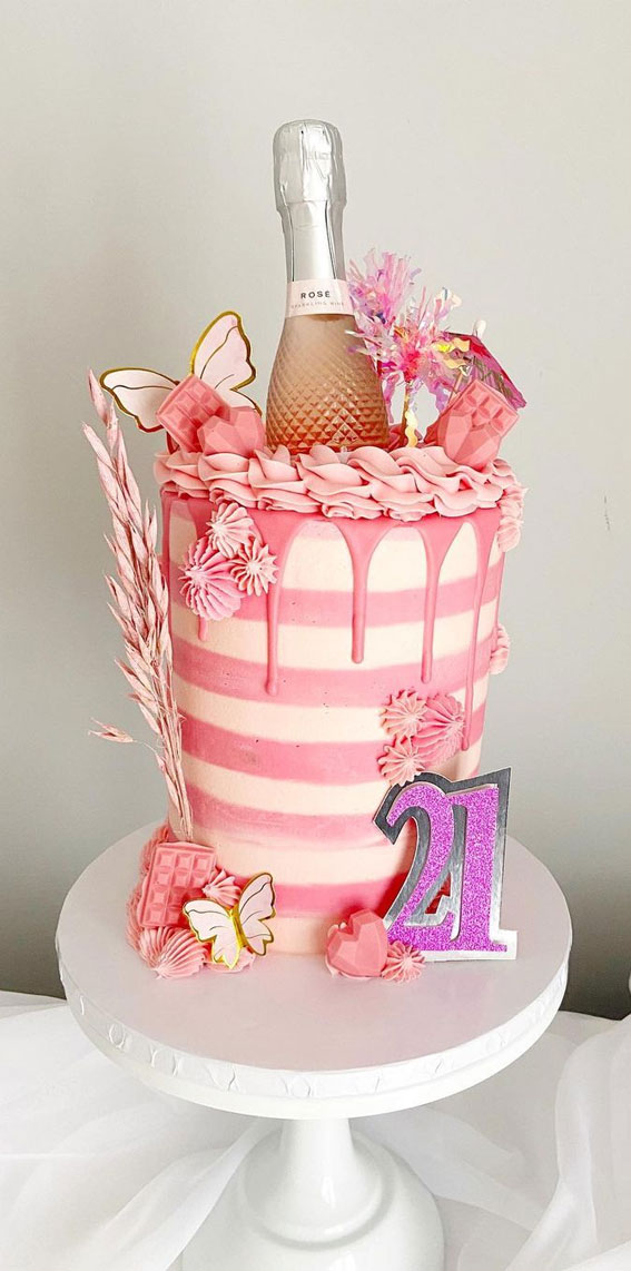 Celebrating 21 Years of Life with these Cake Ideas : Pink Stripe Cake with Butterflies