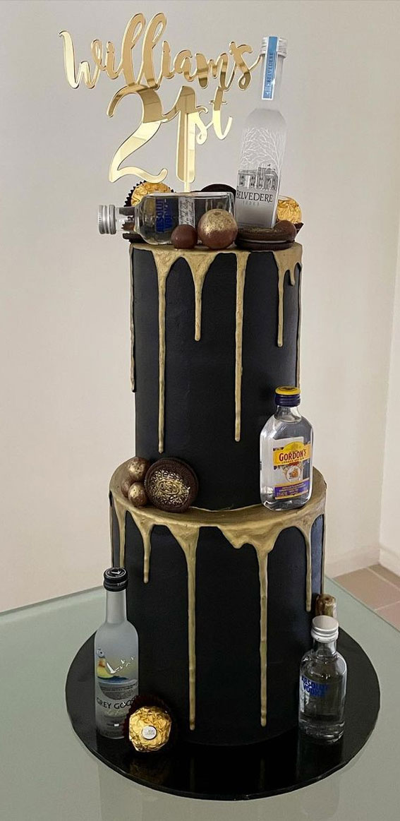 Celebrating 21 Years of Life with these Cake Ideas : Gold Drip Two Tier Tall Black Cake