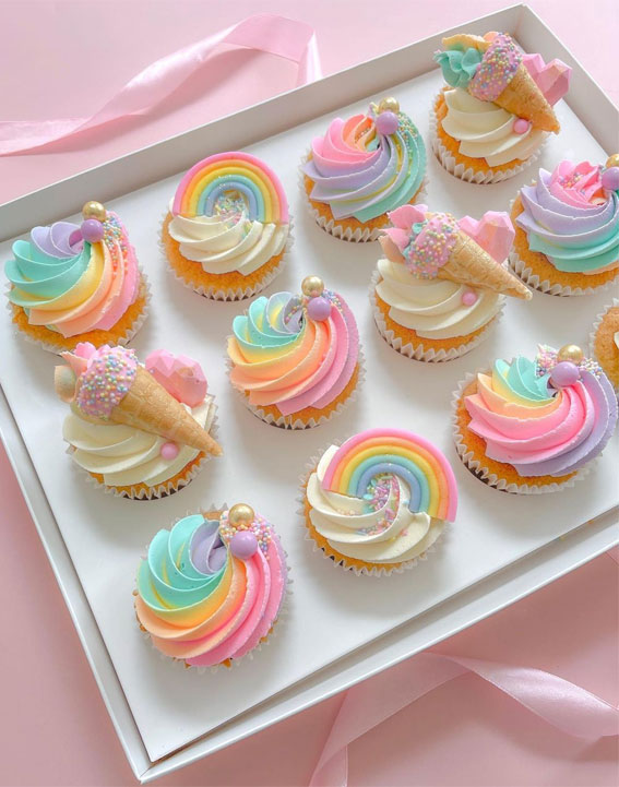 40 Sweet Temptations Irresistible Cupcake Creations : Pastel Rainbow Ice Cream Cone Cupcakes