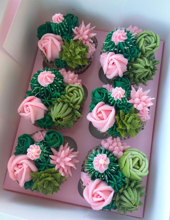 40 Sweet Temptations Irresistible Cupcake Creations : Pink roses and succulents