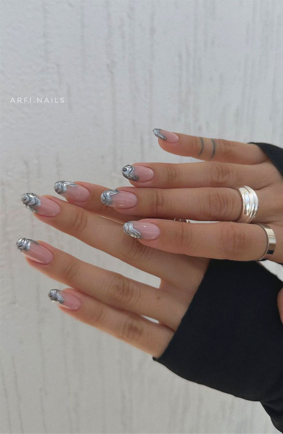 Indulge in the Classic Elegance of French Nails : Grey Marble Tip Nails
