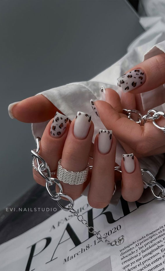 Indulge in the Classic Elegance of French Nails : Leopard Square Tips White Nails