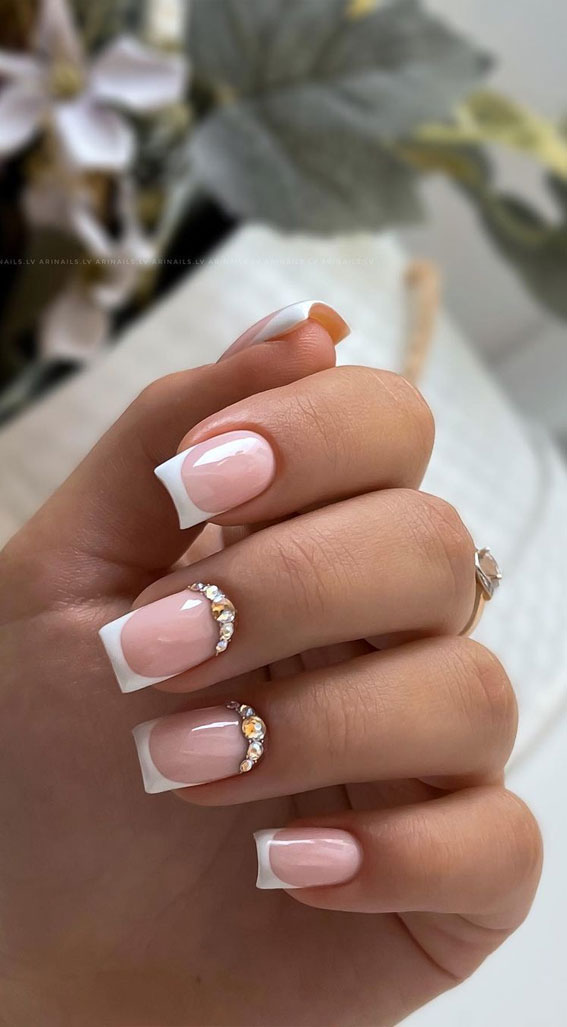 Indulge in the Classic Elegance of French Nails : White French Tips + Rhinestone Cuffs