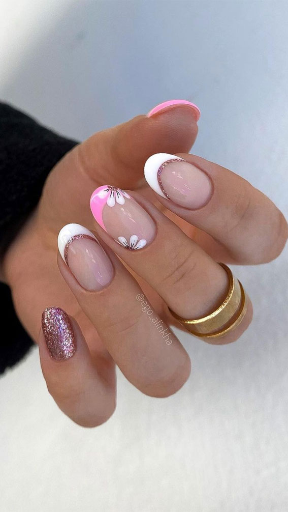 white and pink french tips, pink french tips, french tip nails, french manicure, modern french tips, french nails, french colored tips