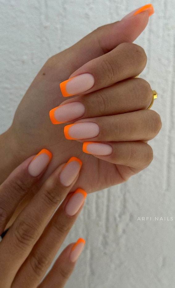 orange neon french tips, french tip nails, french manicure, modern french tips, french nails, french colored tips