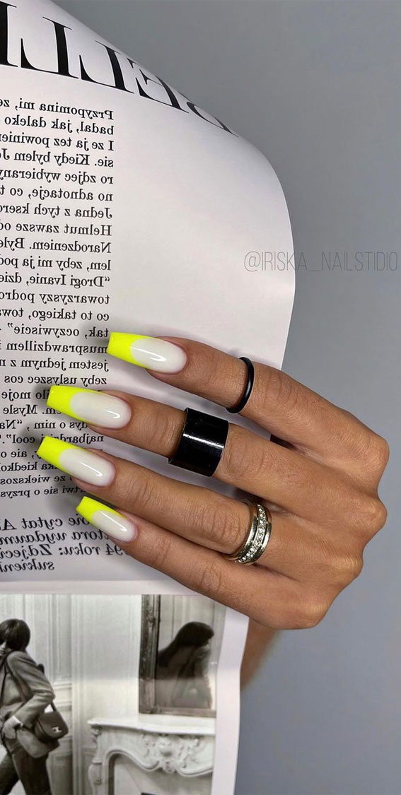 yellow neon french tips, french tip nails, french manicure, modern french tips, french nails, french colored tips
