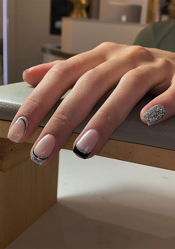 Indulge in the Classic Elegance of French Nails : Black & Silver Double French Tips