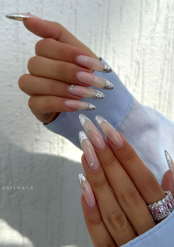 Indulge in the Classic Elegance of French Nails : Sparkly Silver Tips Long Nails
