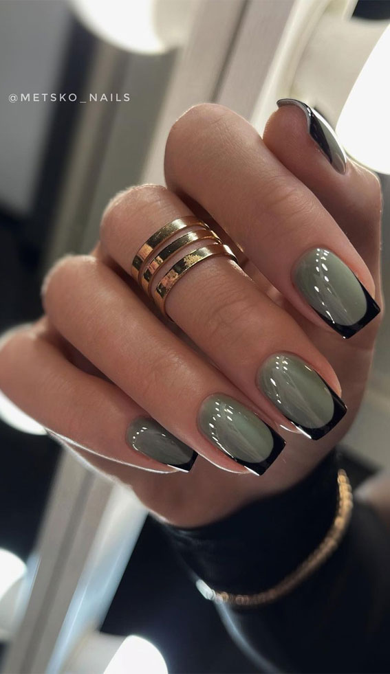 Indulge in the Classic Elegance of French Nails : Green Nails Black Tips