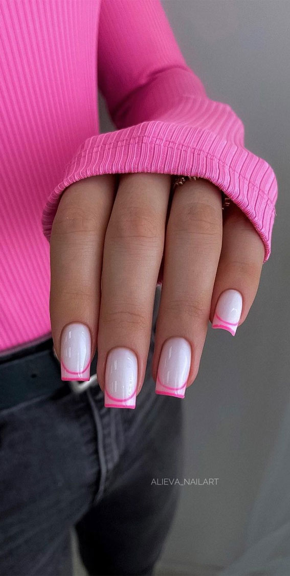 Indulge in the Classic Elegance of French Nails : Bright Pink Double French Tips White Nails