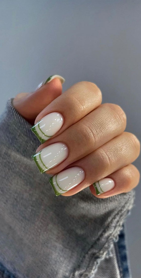 Indulge in the Classic Elegance of French Nails : Green Double French Square Nails