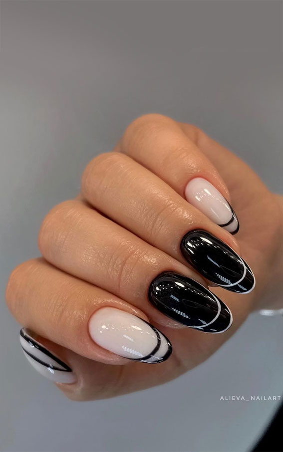 Indulge in the Classic Elegance of French Nails : Black & White Double French Almond Nails