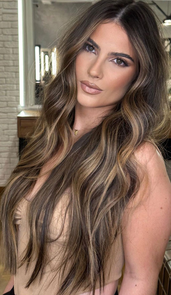 Sophisticated Hair Colour Ideas for a Chic Look : Brunette with Caramel Highlights