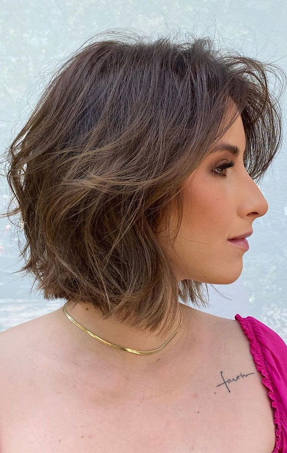 35 Sleek and Chic Bob Hairstyles : Brunette Textured Bob with Bangs