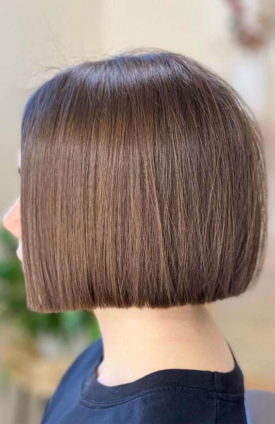 35 Sleek and Chic Bob Hairstyles : Brown Hair Chin Length Blunt Bob