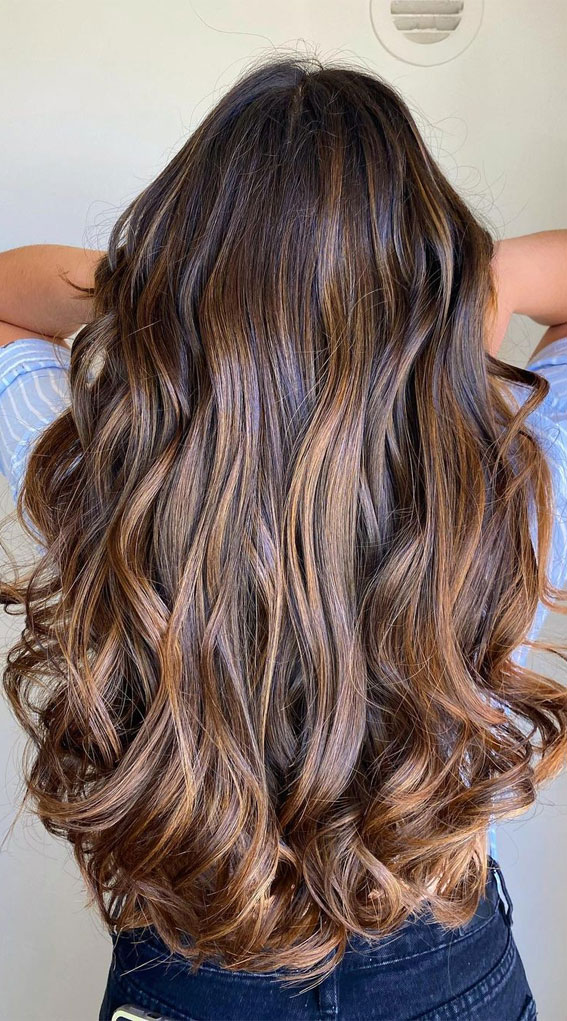 Sophisticated Hair Colour Ideas for a Chic Look : Brunette with Dark Caramel Highlights