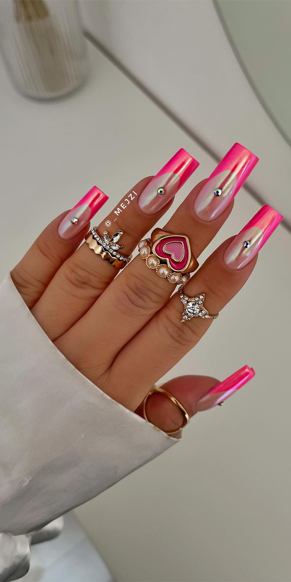 25 Hot Pink Vibrant Nails for Modern Women : Hot Pink Chrome French Tips