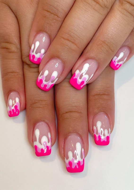 hot pink drip nails, hot pink nails, bright pink nails, hot pink french tips, hot pink french manicure, hot pink nail designs, vibrant pink nails, hot pink nails colour