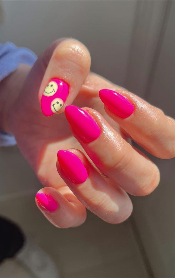 25 Hot Pink Vibrant Nails for Modern Women : Smiley Faces Hot Pink Nails