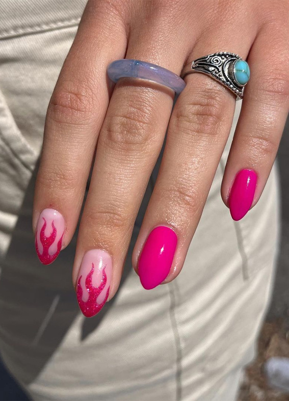 25 Hot Pink Vibrant Nails for Modern Women : Glittery Hot Pink Hot Flame Nails