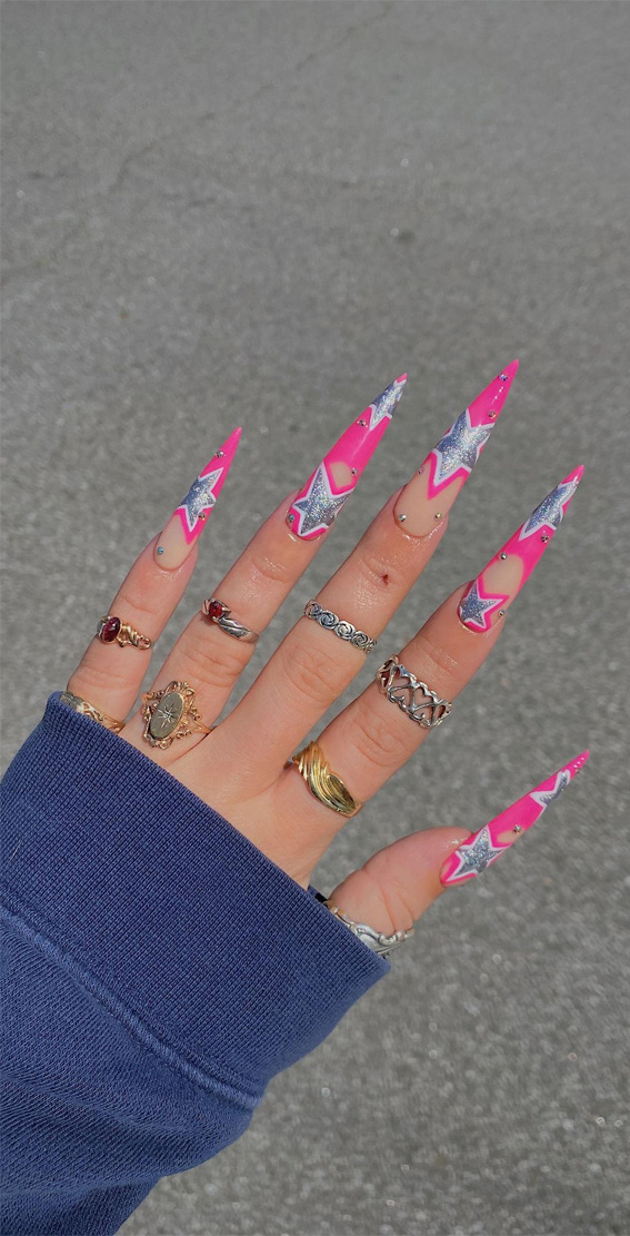25 Hot Pink Vibrant Nails for Modern Women : Silver Stars Hot Pink Stiletto Long Nails