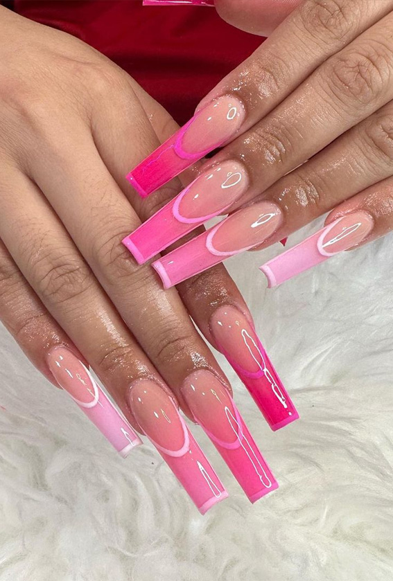 25 Hot Pink Vibrant Nails for Modern Women : Gradient Hot Pink Double French Nails