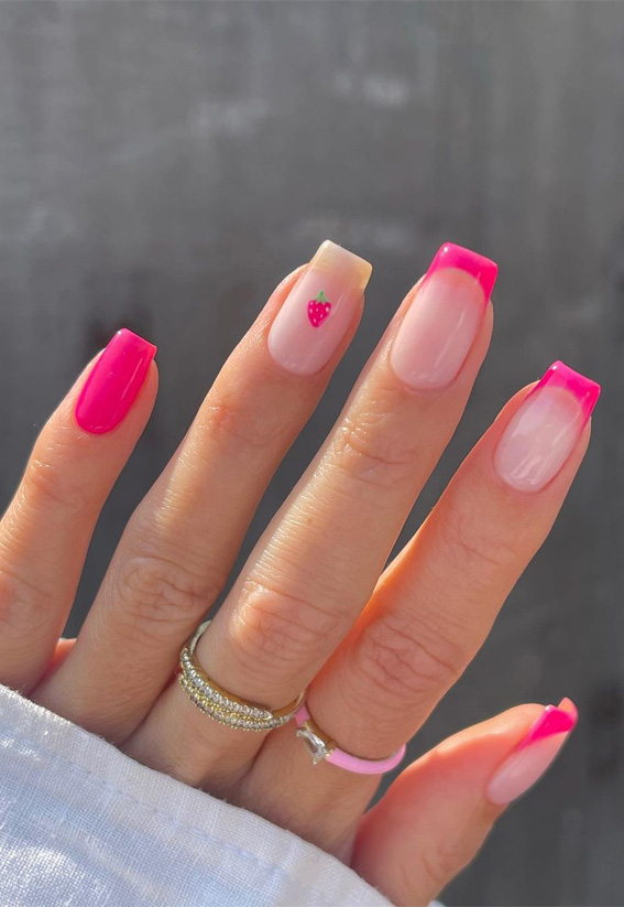 25 Hot Pink Vibrant Nails for Modern Women : Hot Pink French Tips with Strawberry