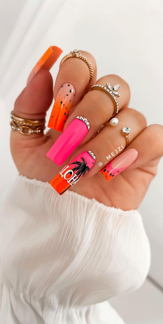 25 Hot Pink Vibrant Nails for Modern Women : Orange & Pink Tropical Vibe Nails