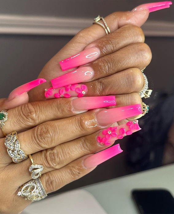25 Hot Pink Vibrant Nails for Modern Women : Ombre Hot Pink 3D Floral Acrylic Nails