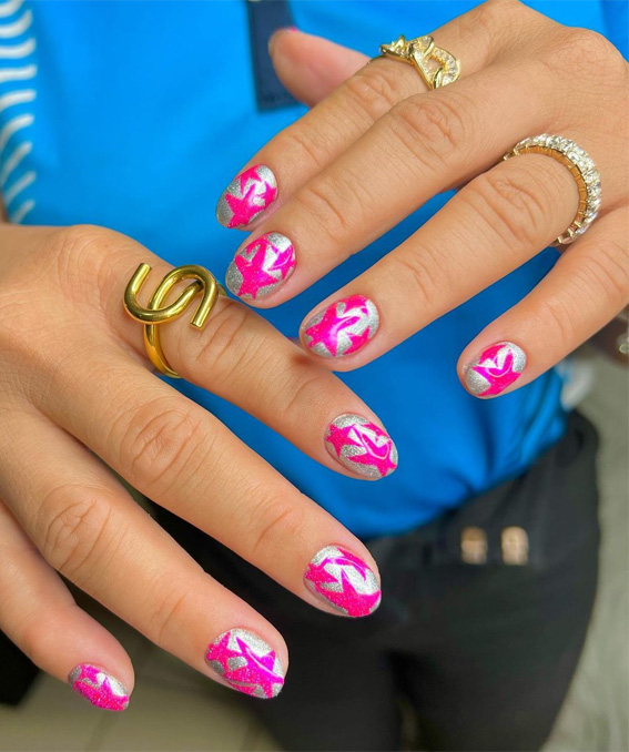 25 Hot Pink Vibrant Nails for Modern Women : Hot Pink Star Silver Nails