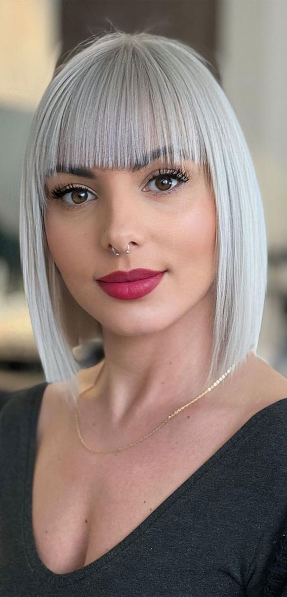 35 Sleek and Chic Bob Hairstyles : Silver White Pearly Blonde + Fringe