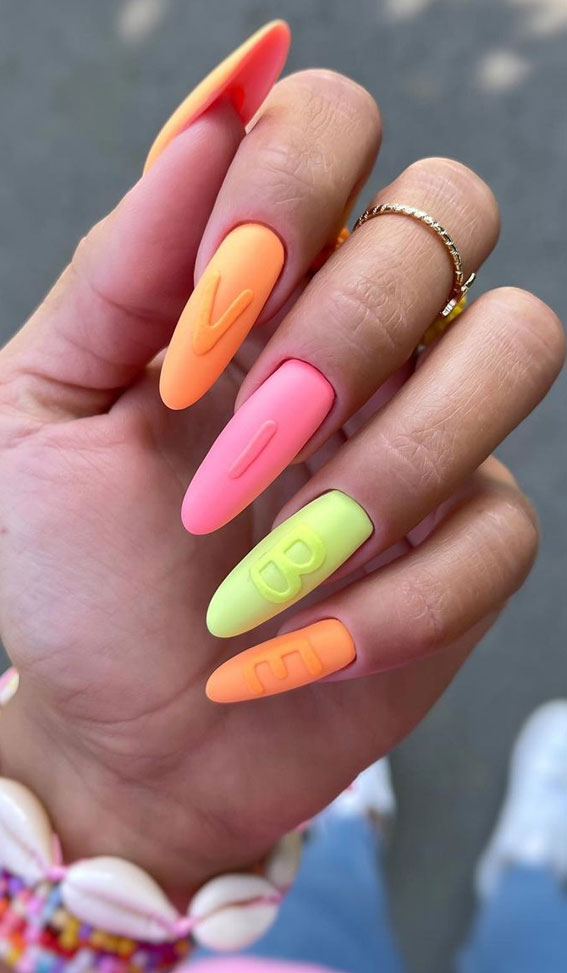 30 Light up Your Nails with Electric Energy for Summer : Neon Vibe Almond Nails
