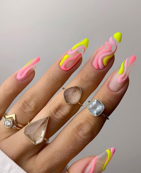 30 Light up Your Nails with Electric Energy for Summer : Pink and Neon Green Swirl